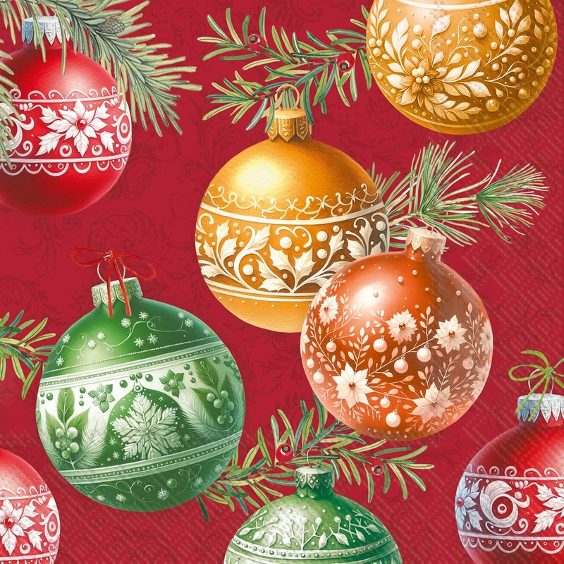 Party Napkins Disposable 3-Ply Paper Lunch Napkin Pack, 6.5″ x 6.5″, Christmas Bubbles (Red), 20-Count