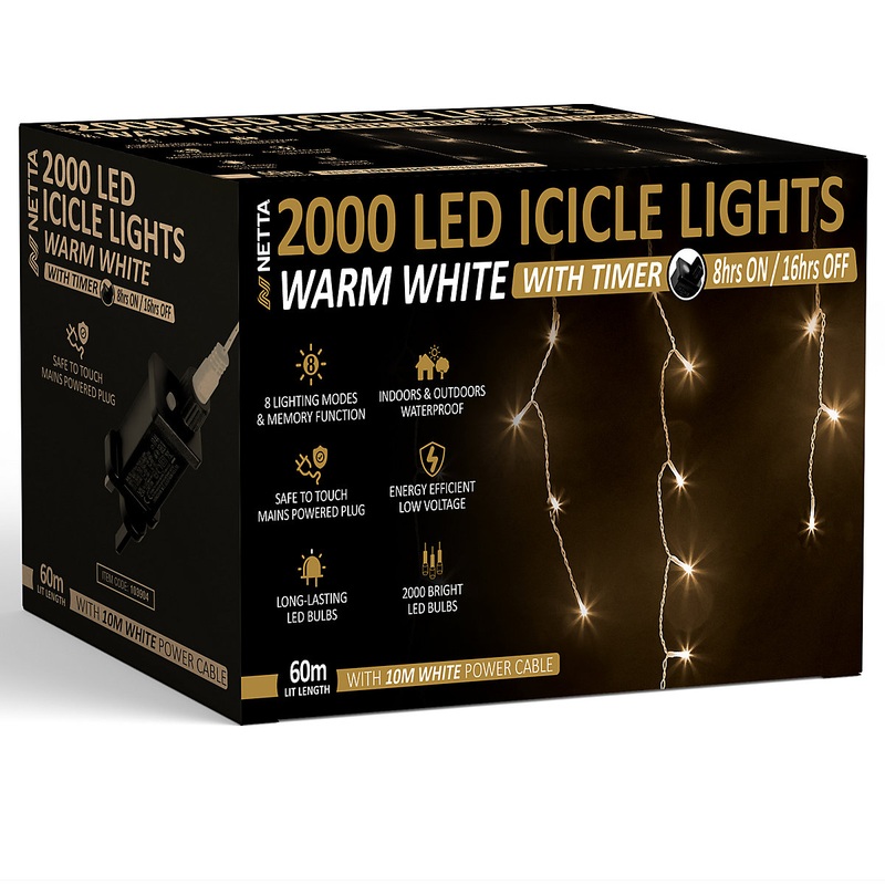 2000 LED Icicle Lights 60M Indoor/Outdoor Christmas Lights with White Cable – Warm White