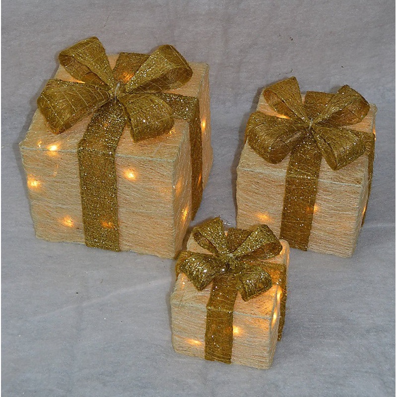 Set of 3 Light Up Light up Gift Boxes / Presents with Gold Bows – Cream Parcels