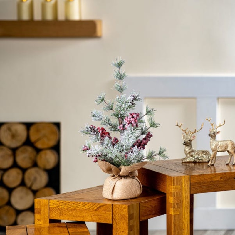 1.3ft Bristle Christmas Tree With Berries, Pine Cones & Hessian Base