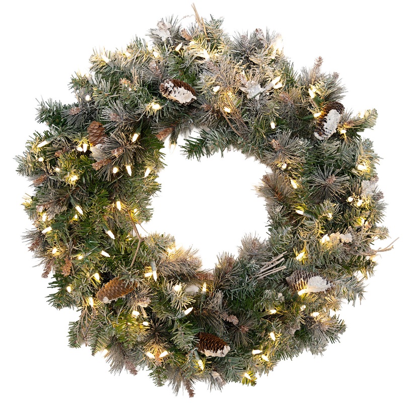 36″ Frosted Virginia Wreath – Clear LED