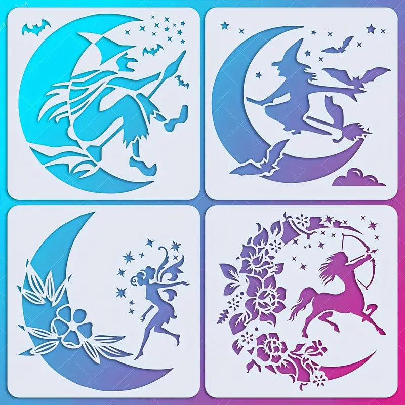 4-Pack Witch, Fairy, and Elf Moon Series Drawing Stencils, 5.9″x5.9″ Reusable Templates