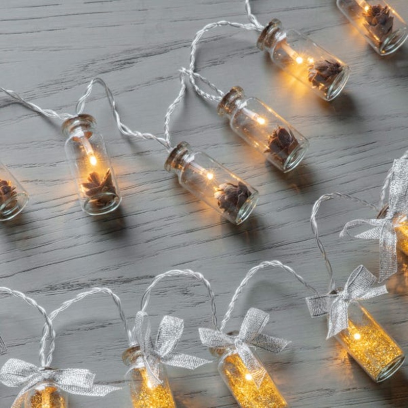 10 LED Hazel String Lights with Pinecones in Jars