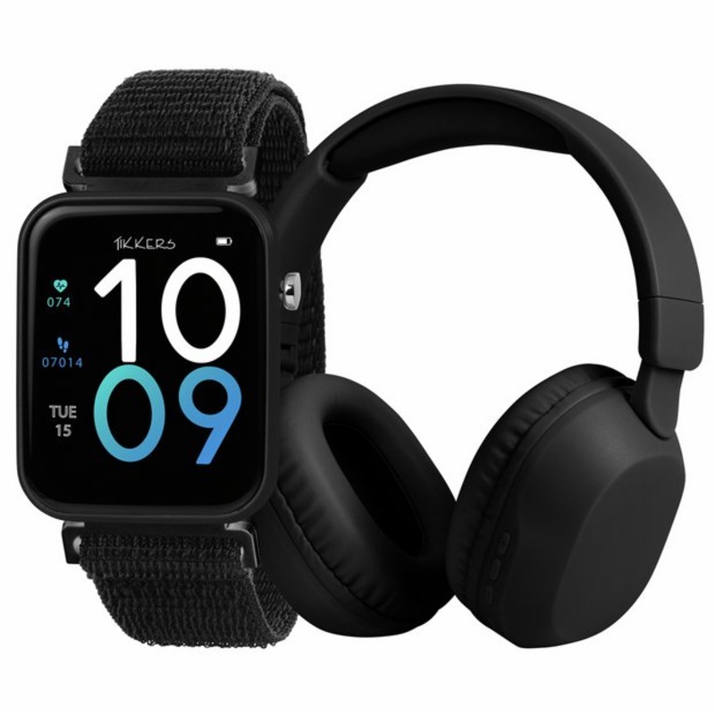 Tikkers Kids Black Smart Watch And Over-Ear Headphone Set