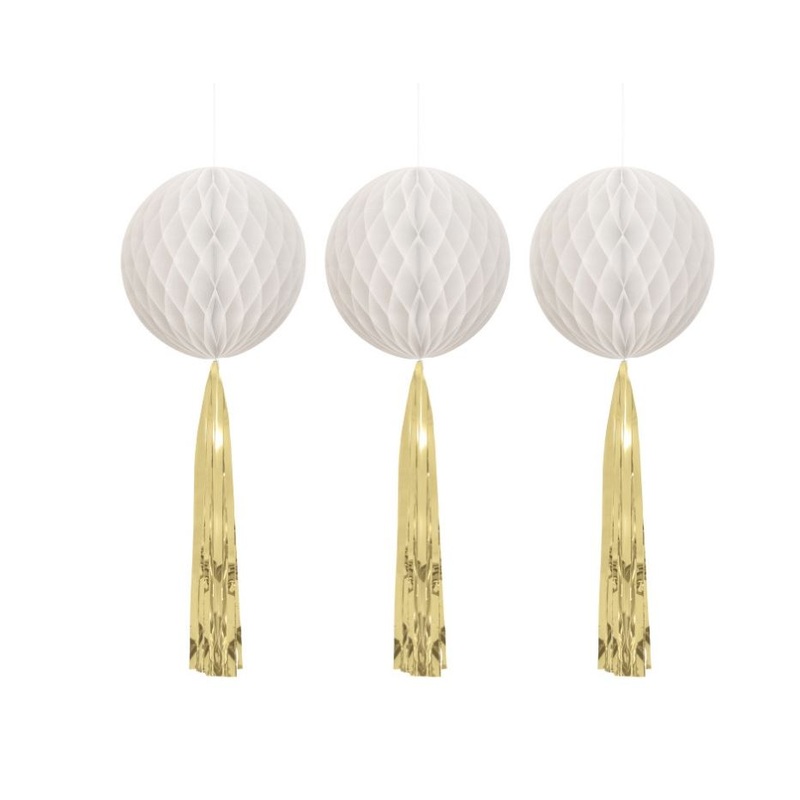 White Honeycomb Balls with Gold Foil Tassels  3ct
