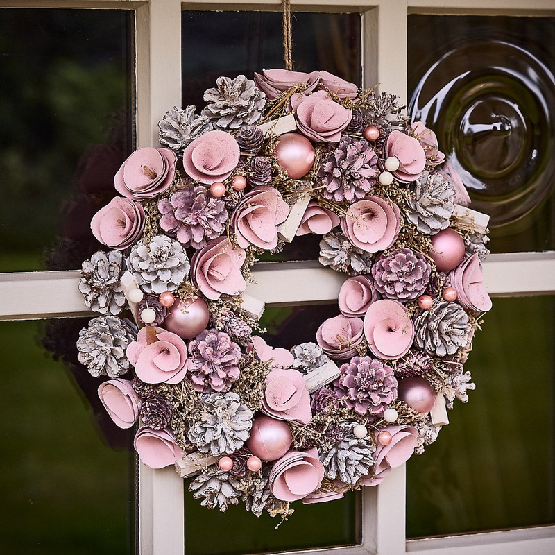 Pink Roses Festive Decor Autumn-Winter Front Door Wreath Christmas Wreath 38cm