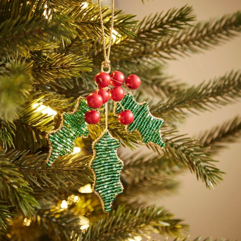 Beaded Holly Hanging Decoration