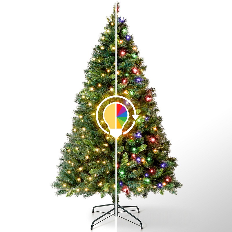 VeryMerry 5FT Pre Lit Christmas Tree 2in1 Dual-Color – Warm White/Multi Colour 200 LED Lights with Auto-Off Timer, 9 Lighting Mode