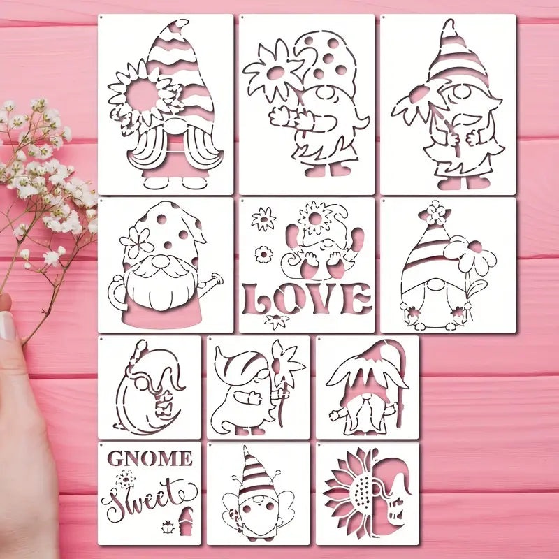 12pcs Reusable Gnome Stencil Template with Sunflower Design – DIY Decorative Drawing Stencil for Painting on Various Surfaces – Home Decor and Craft Tool