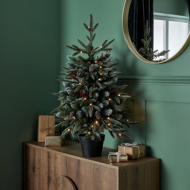 3ft Slim Blitzen Warm white LED Potted Pre-lit Frosted effect Artificial Christmas tree – Green