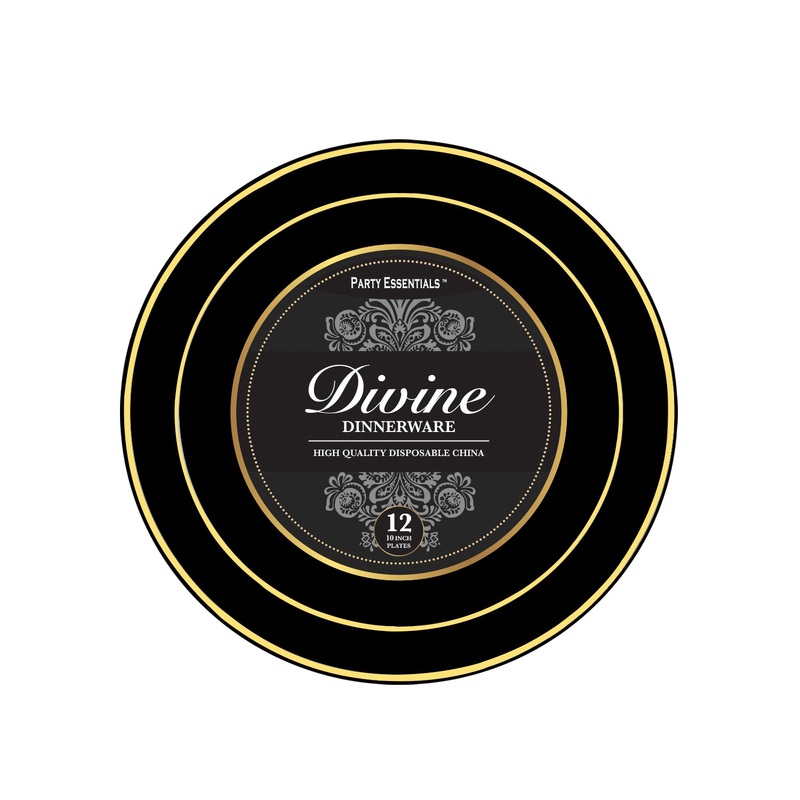 10 PLATES  BLACK W/ GOLD RIM 12 COUNT