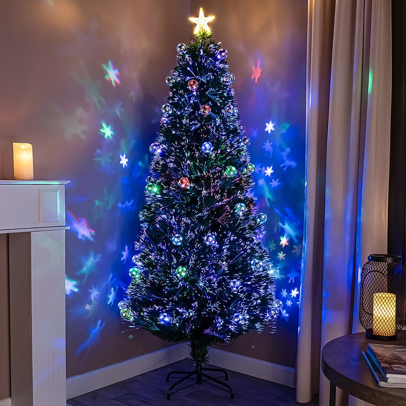 4FT (120cm) Green Fibre Optic Christmas Tree with Multi-coloured LED Lights and Baubles