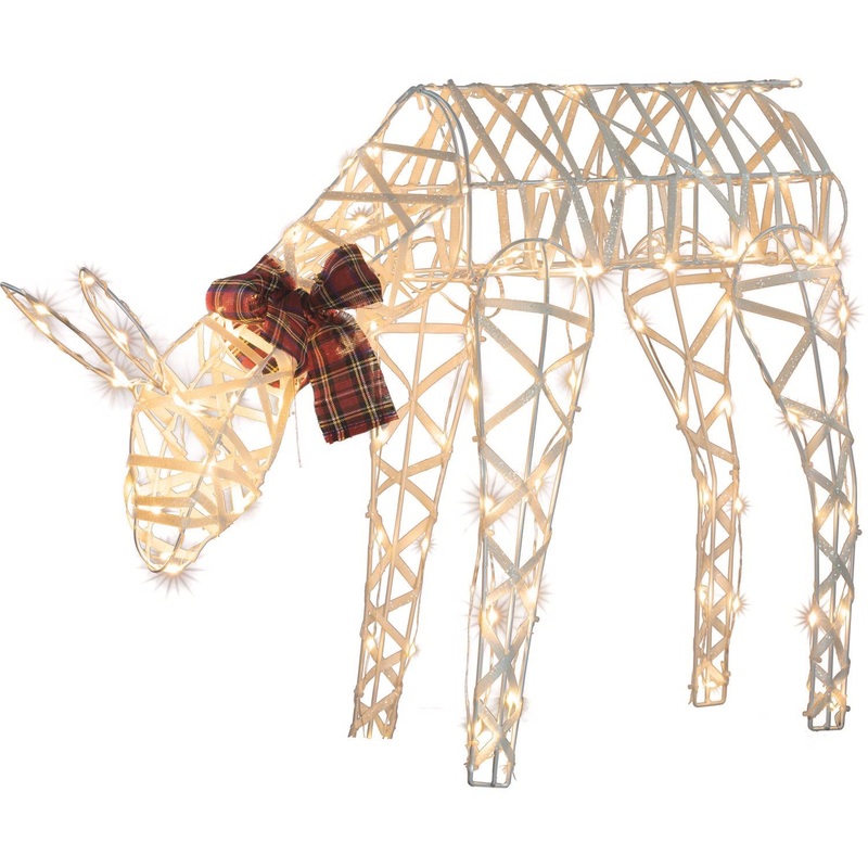 Sienna LED White 3D Wire Reindeer with Red Plaid Bow 2 ft. Yard Decor
