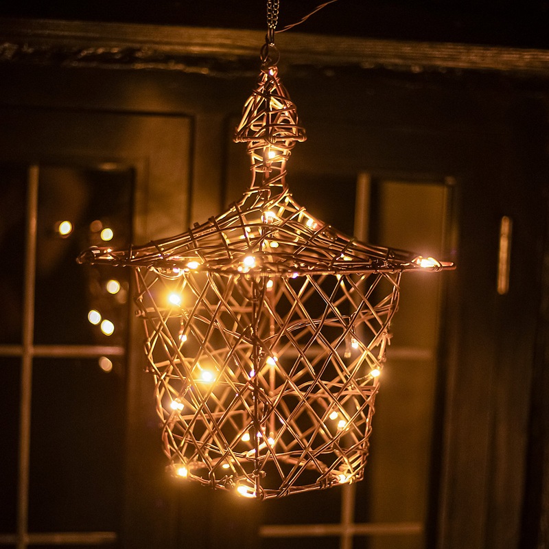 Christmas Brown Weave 35cm Hanging Lantern with 40 Warm White and Multicoloured LED Lights