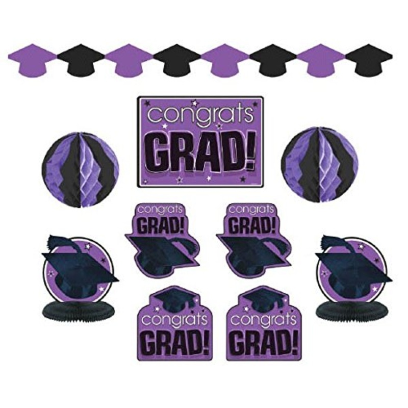 “Congrats Grad!” Graduation Party Room Decorating Kit, Purple and Black, Paper, Pack of 10