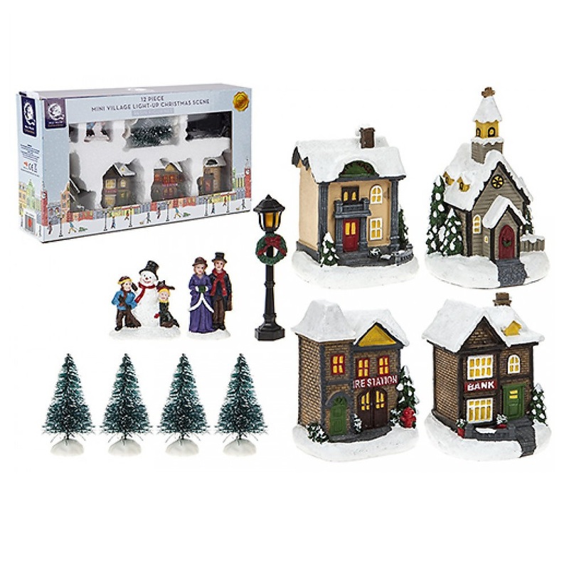12 Piece Mini Light Up Village Christmas Scene Resin Houses Figurines With Trees