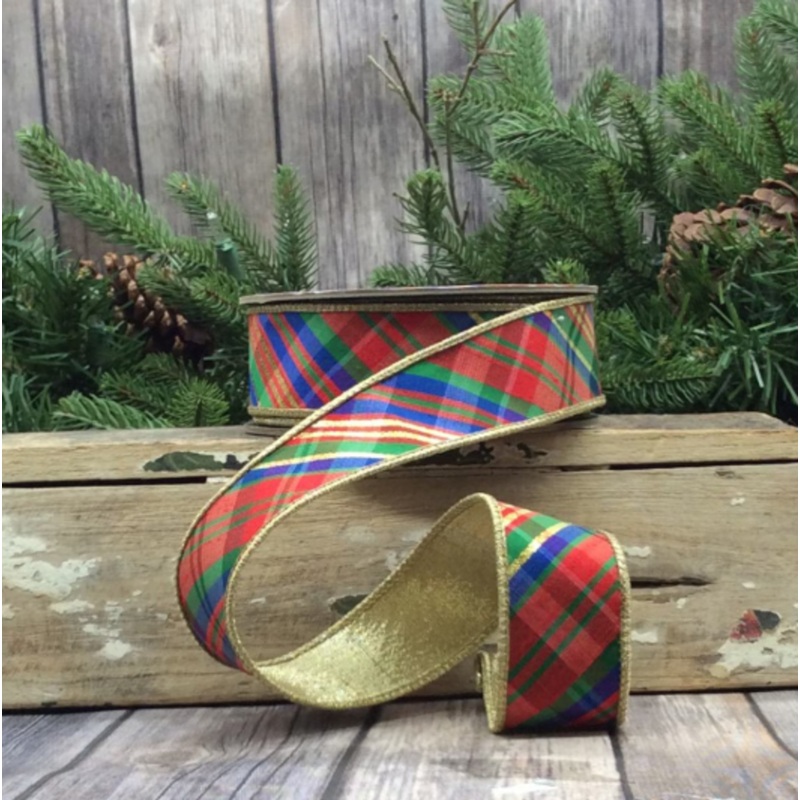Dupion Diagonal Yuletide Plaid Ribbon, Red, Green, Blue 1.5″ x 10yds