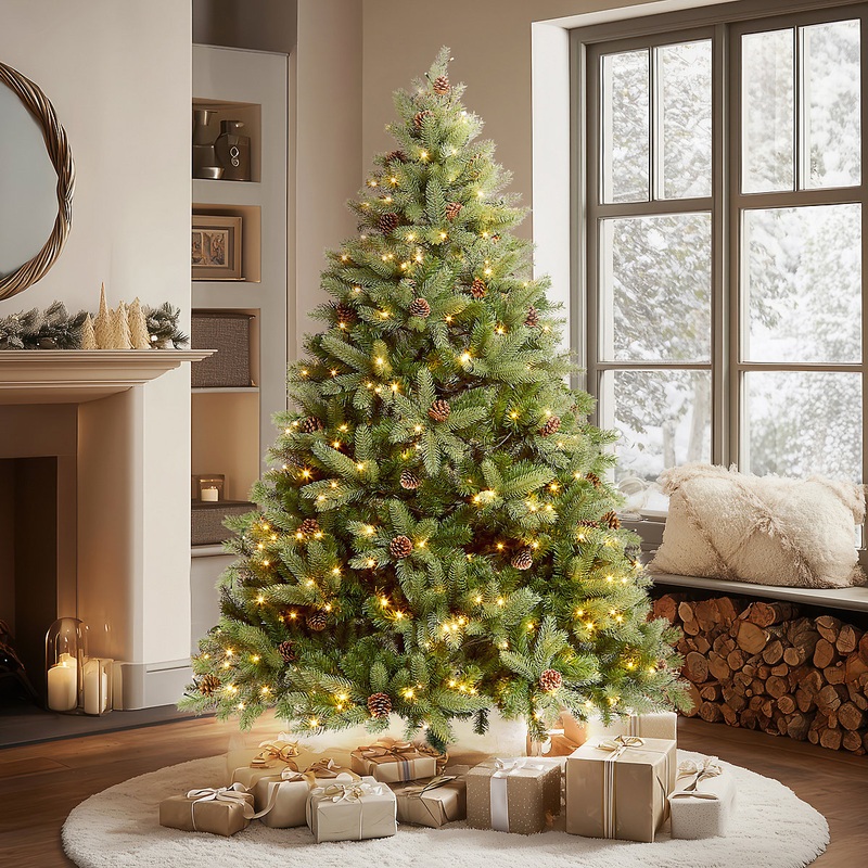 VeryMerry 7FT ‘Ascot’ Pre-Lit Christmas Tree with 500 LED Lights with Timer, 8 Light Modes, Decorative Pinecones