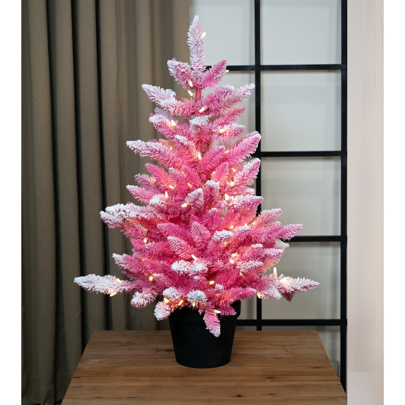 3′ Flocked Over Pink Potted Tree – Clear LED