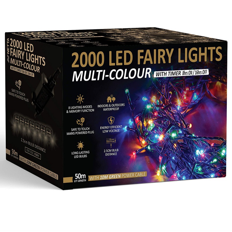 2000 LED Fairy String Lights 50M Indoor & Outdoor Christmas Tree Lights Green Cable – Multi Colour