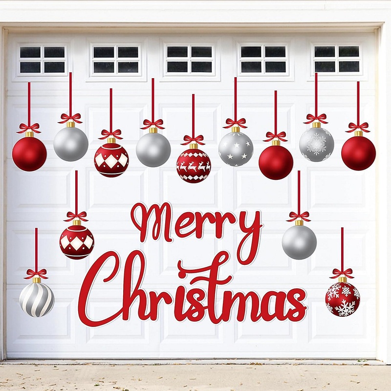 31Pcs Christmas Garage Door Magnets, 19CM Merry Christmas Magnet Sticker with 13Pcs Christmas Balls and Hanging Bows for Xmas
