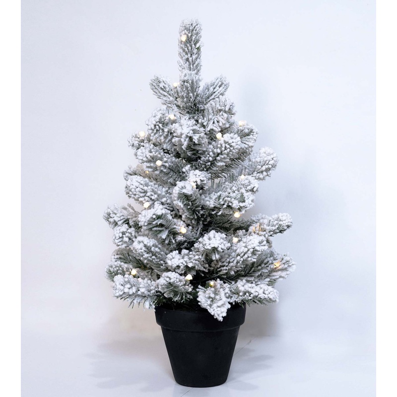 2′ Flocked Green Spruce Potted Tree – Battery Operated – Clear LED Lights