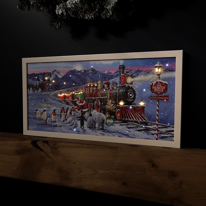 Battery Operated 60 x 30cm Light up North Pole Express Train with Santa Picture Canvas
