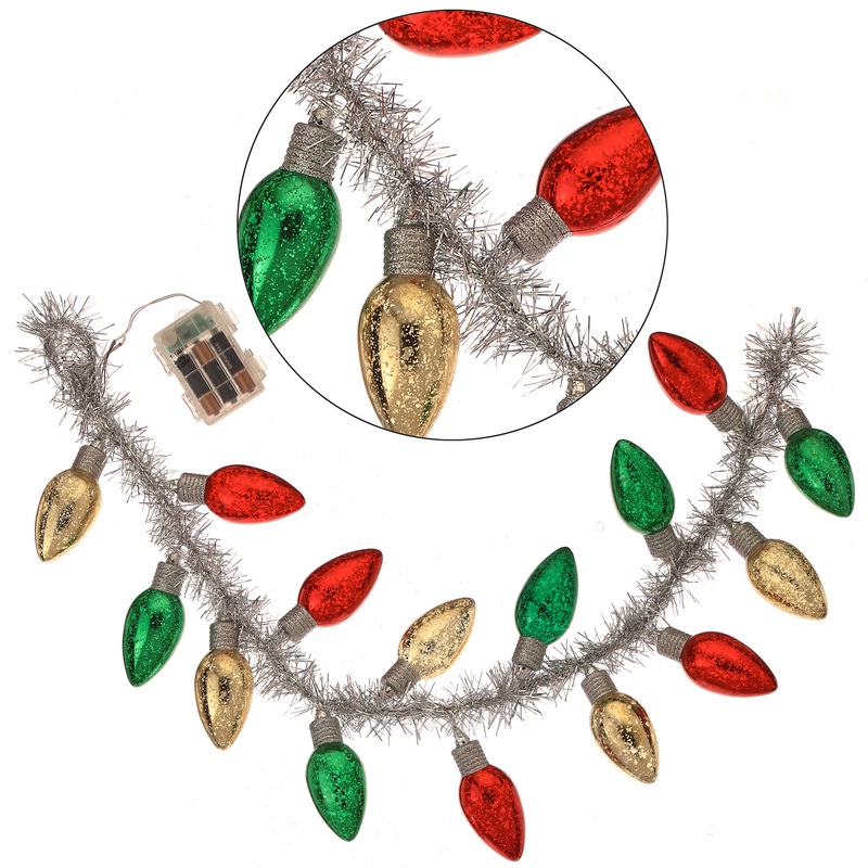 Bulb Garland w/Tinsel, 36″ LED/Btry/Tmr