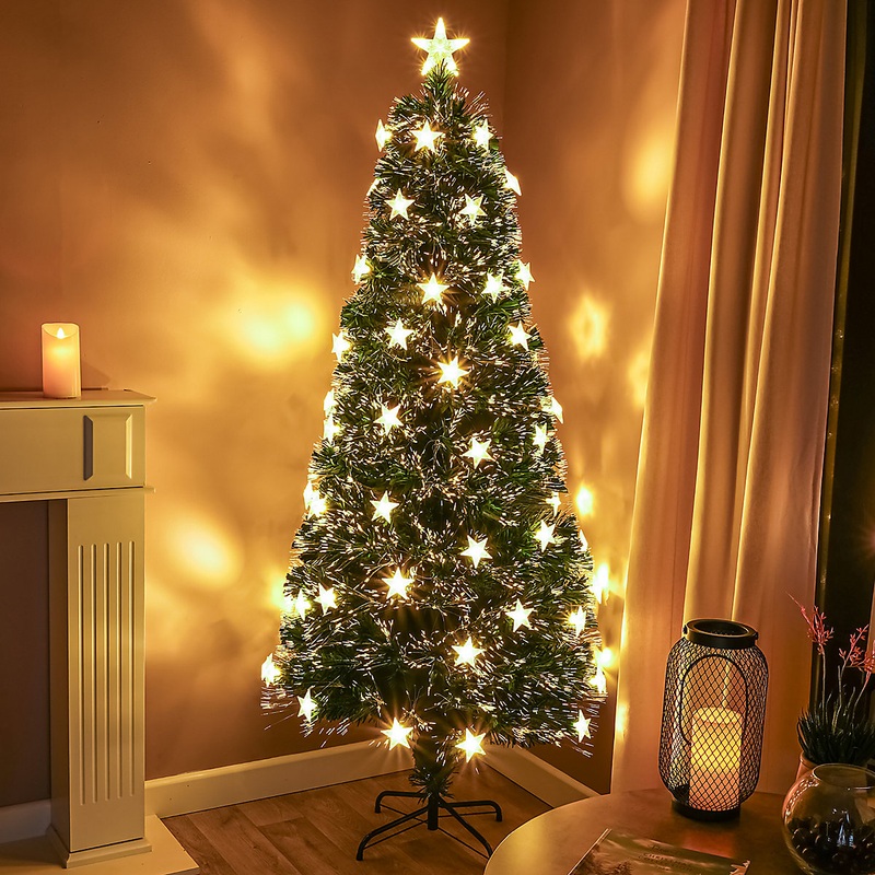 5FT (150cm) Green Fibre Optic Christmas Tree with Warm White LED Lights and Stars