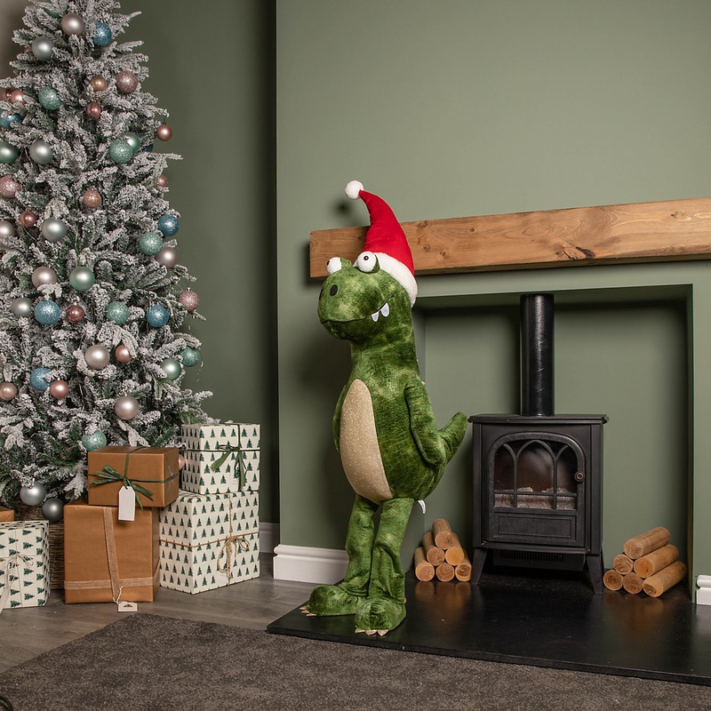 1.17m Humongous Green Standing Christmas Dinosaur with Santa Hat
