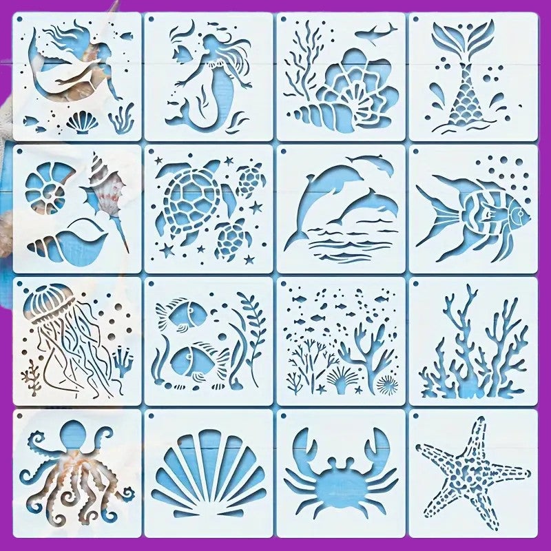 “16pcs Sea Life Stencils Set: Reusable Mermaid Stencils for Ocean-themed DIY Crafts”