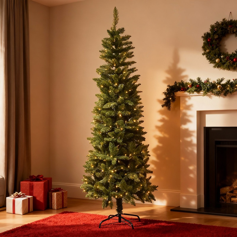 4FT Pre-Lit Warm White LED Green Christmas Slim Pine Narrow Tree With Metal Stand