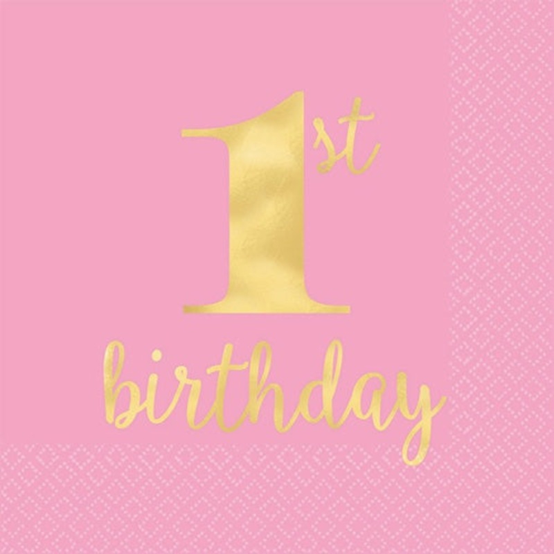 “1st Birthday” Square Paper Disposable Lunch Napkins, Pink/Gold, 6.5-in, 16-pk, 2-ply