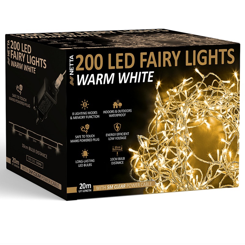 NETTA 200LED 20M Fairy String Lights with Clear Cable – Warm White Christmas Tree Lights