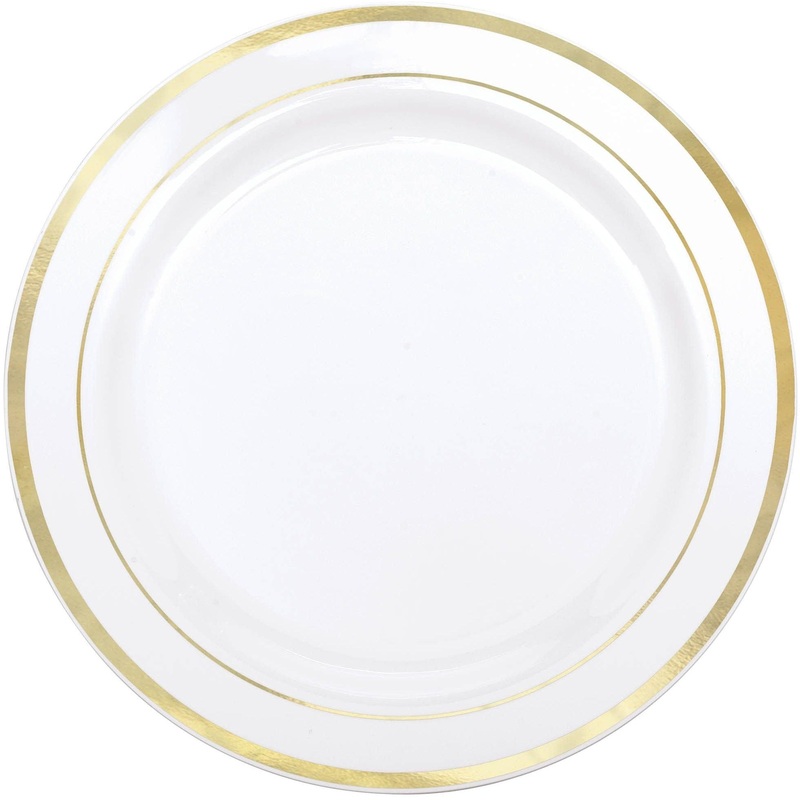 White Premium Plastic Round Plates with Gold Trim, 7 1/2″