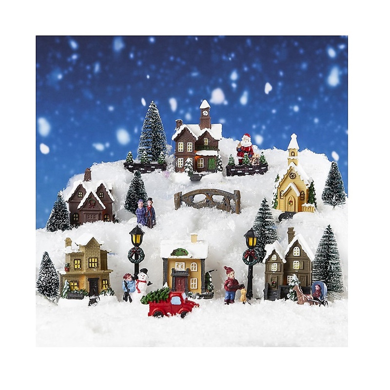 25 Piece Mini Light Up Village Christmas Scene Resin Houses Figurines Car Bridge