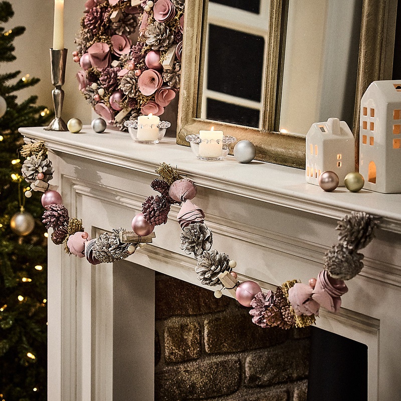 Pink Roses Xmas Table Decoration Christmas Garland 1.2m