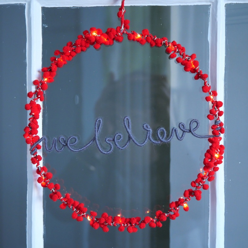 We Believe Pom Pom Wreath – Red/Warm Grey