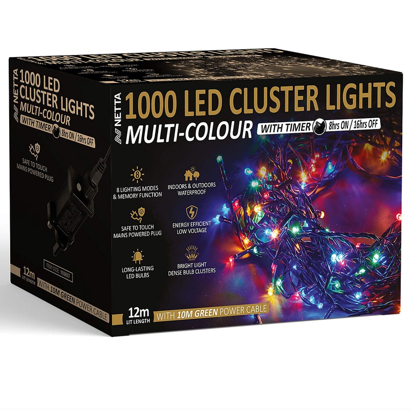 1000 LED Cluster String Lights 12M Indoor/Outdoor Christmas Lights – Multi-Colour