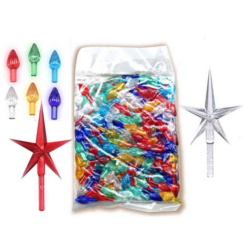 100 Replacement MEDIUM Twist Flame Lights Bulbs Peg for Ceramic Christmas Tree Plus 2 STARS