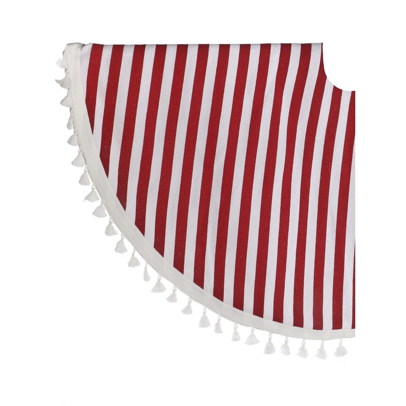 Red and White Cotton Ticking Stripe Tree Skirt With White Tassels