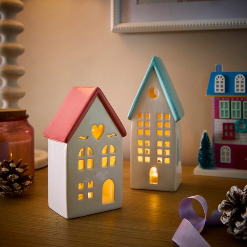 Set of 2 Kitschmas Ceramic LED Light Up Houses