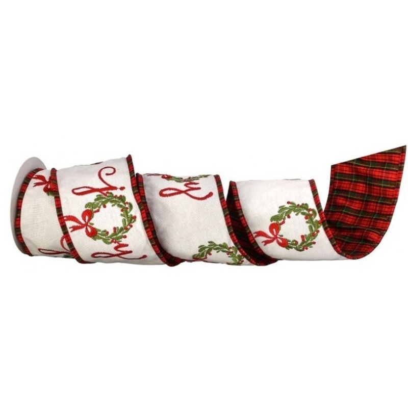 “Joy” Wreath Dupion Plaid Back Ribbon 4″x5Y