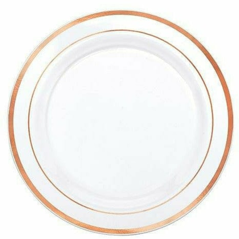 White Rose Gold Trimmed Premium Plastic Lunch Plates 20ct