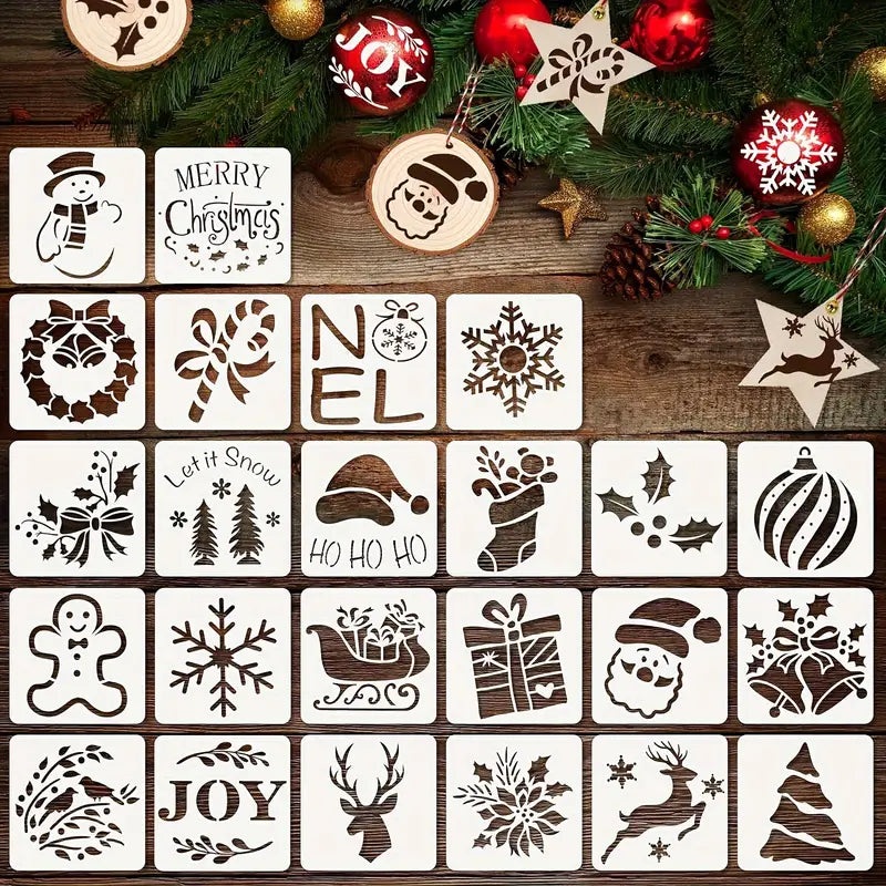 25pcs Christmas Theme Painting Stencils DIY Art Crafts Farm Drawing Template Reusable Stencil For Painting On Wood Wall Furniture Floor Fabric Decor