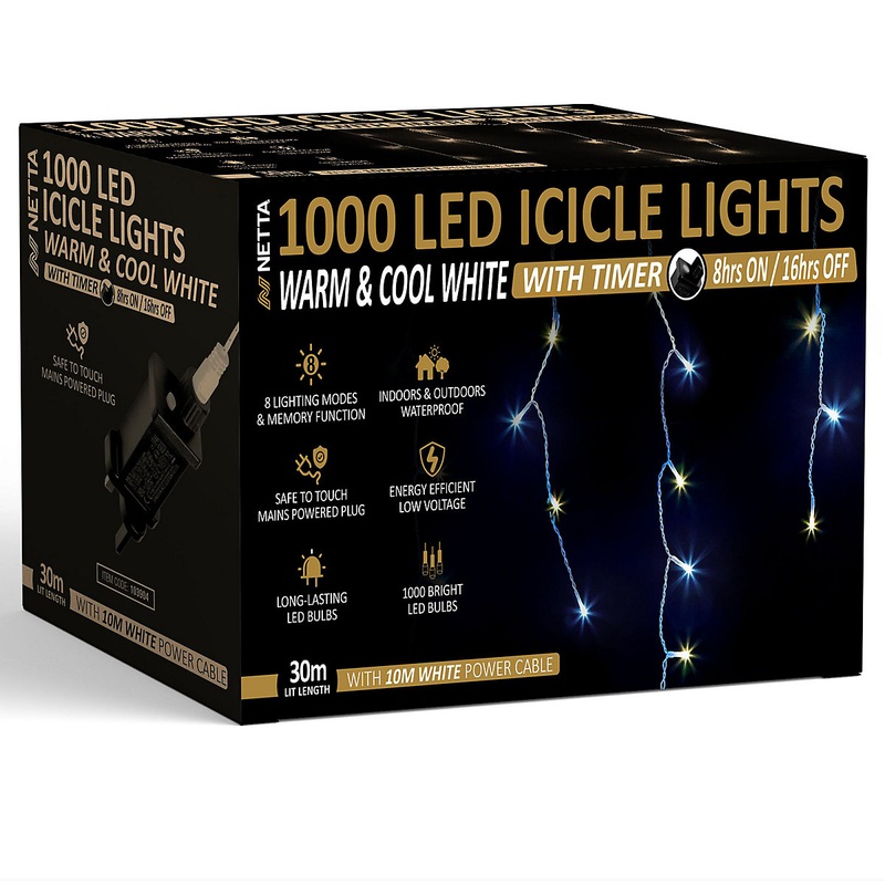1000 LED Icicle Lights 30M Indoor/Outdoor Christmas Lights with White Cable – Warm & Cool White