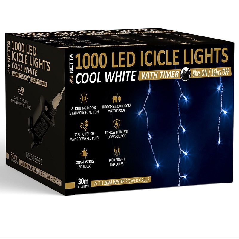 1000 LED Icicle Lights 30M Indoor/Outdoor Christmas Lights with White Cable – Cool White