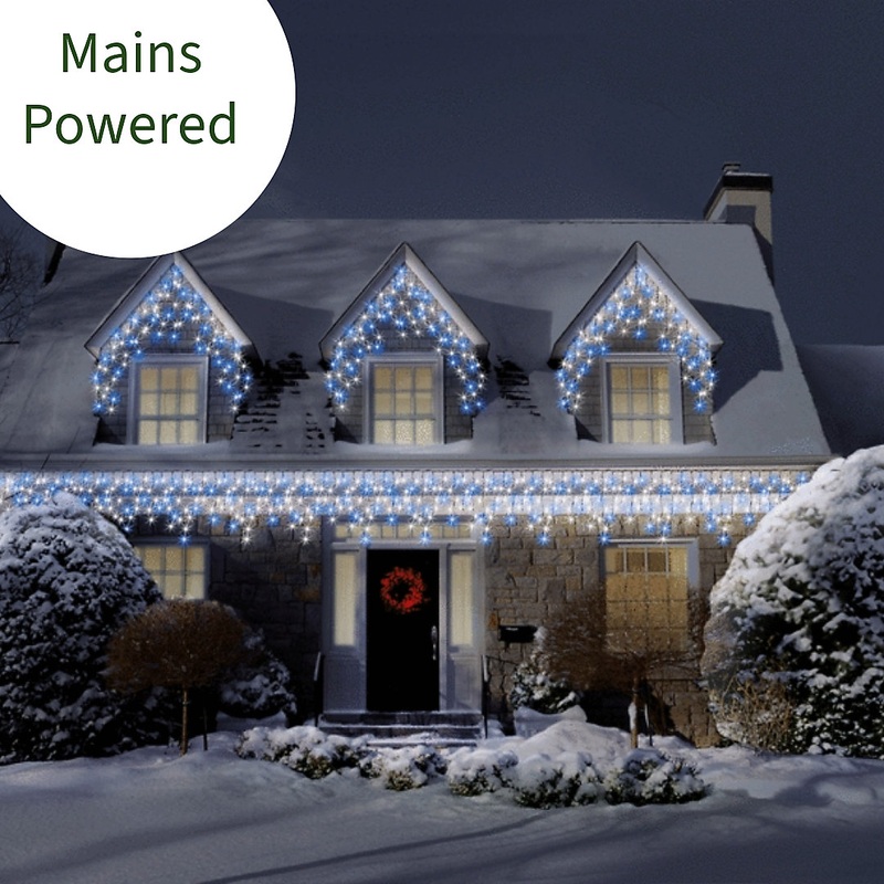 20m/65ft Blue & Bright White Connectable Icicle Lights 672 MAINS LEDs 8 Settings Memory & Timer Outdoor Weatherproof Christmas