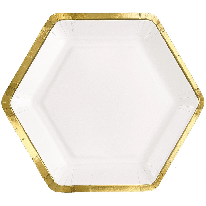 7″ Hex Metallic Paper Plate – White
