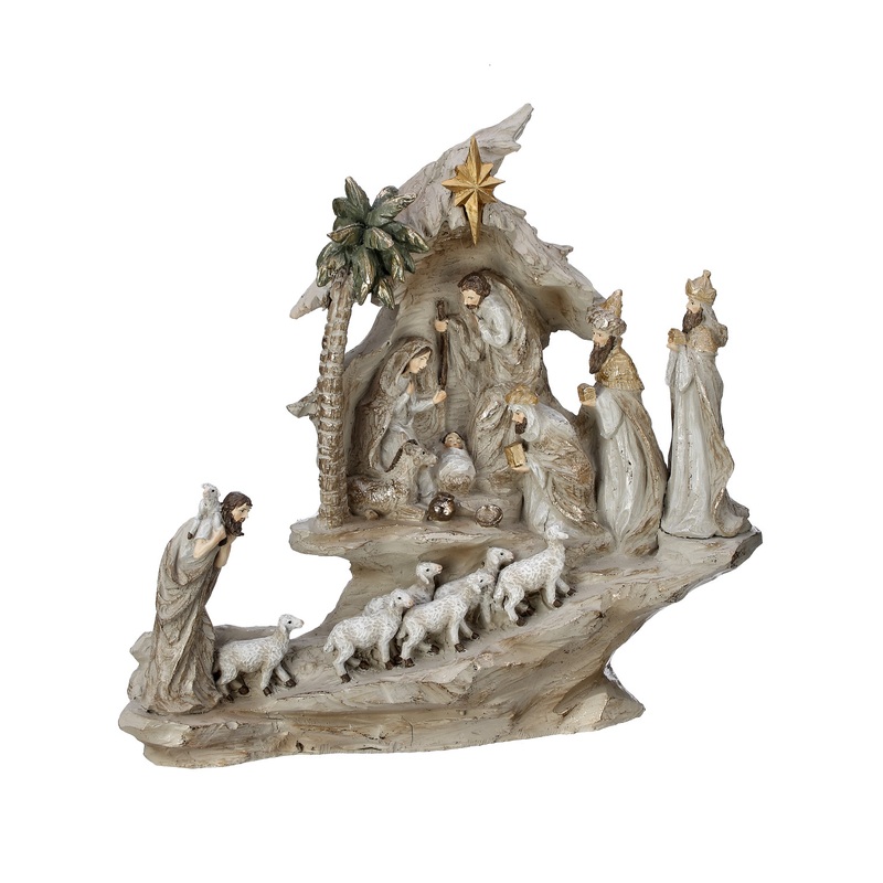 Resin Stairway Nativity With Sheep 13.5″